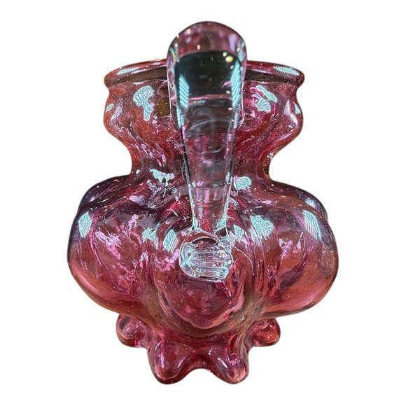 Vntg Cranberry Art Glass Pitcher Vase Clear Handle Vessel Decanter Carafe Flask - Picture 4 of 7